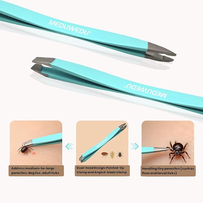 Tick Removal Tool Kit for Dogs, Cats & Humans – Stainless Steel Tick Tweezer, Fork & Dual-Head Clamp with Leather Pouch, Safe & Easy Tick Remover for Pets, Ideal for Grooming & Outdoor Travel