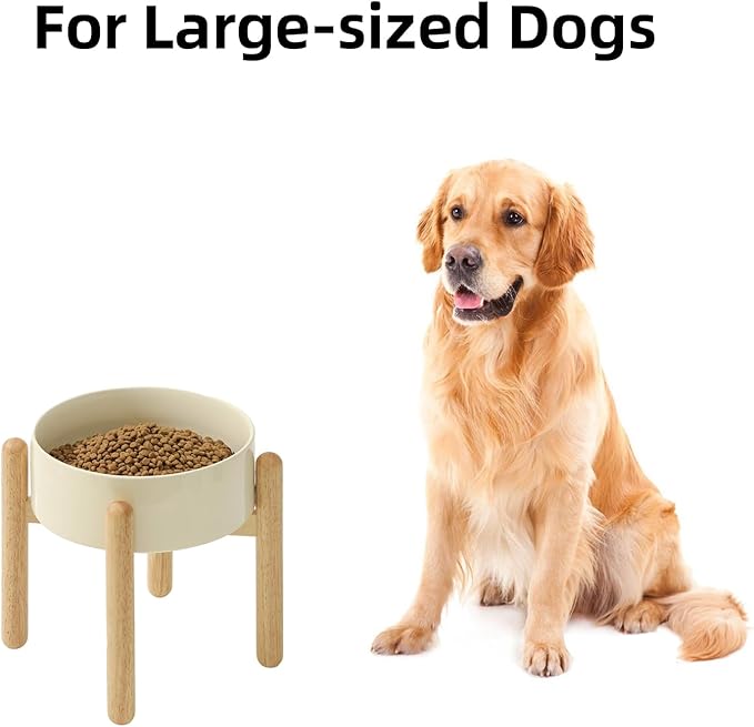 Ceramic 8.2inch Raised Dog Bowl with Stand for Large - Breed Dogs, Pet Food and Water Feeder(Single Bowl with Stand - Light Yellow)