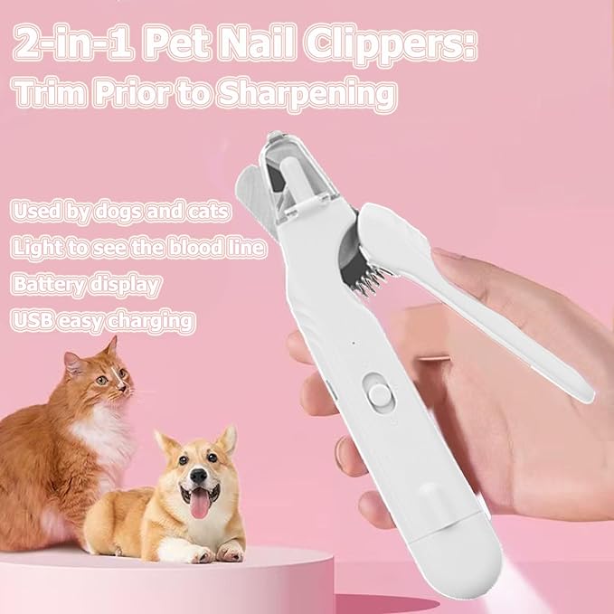 2 in 1 Cat Nail Grinder & Dog Nail Clippers, Rechargeable and Electric Pet Trimmers, LED Lighting, Painless and Quick Nail Filing, Suitable for Kittens, Puppies and Large Dogs