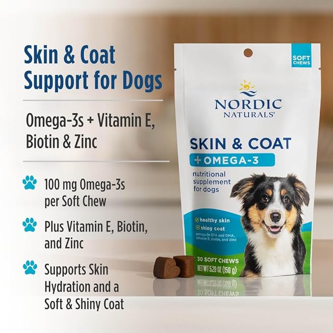 Nordic Naturals Pet Skin & Coat Soft Chews with Omega-3-30 Pork Bone Broth Flavored Soft Chews - Nutritional Support for Healthy Skin & a Soft and Shiny Coat - Non-GMO and IFOS Certified