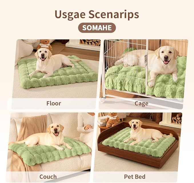 Self-Warming Dog Bed, Plush Faux Fur Mat with Anti-Slip Bottom, Ultra Soft Heated Pet Bed for Medium Large Dogs, Cozy Fluffy Pad for Carriers Couch Crate, Machine Washable, 35 x 27 Inch Green