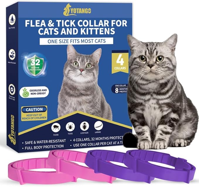 4 Pack Flea Collar for Cats, 32 Months Flea and Tick Prevention for Cat, Waterproof Cat Flea Collar, Natural Flea Treatment, Adjustable Fleas and Ticks Collars for Cats Kittens(Pink&Purple)