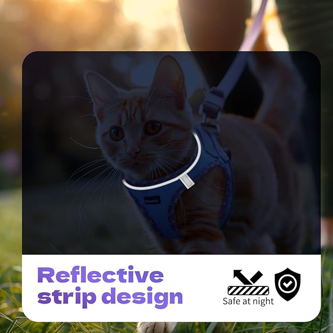 Rttochfy Cat Harness and Leash Set, Escape Proof Kitten Harness, Soft and Breathable Vest with Reflective Strip, Easy to Wear for Cats Walking and Traveling (Blue, L)