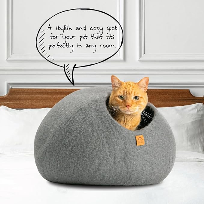 Wool Cat Cave, Handmade Felted Wool Cat Bed for Indoor Cats, Cozy Pet Hideout Pod, Natural Cat House for Kittens & Small Cats, Warm, Durable & Stylish Cat Condo (Medium, Plain Gray)