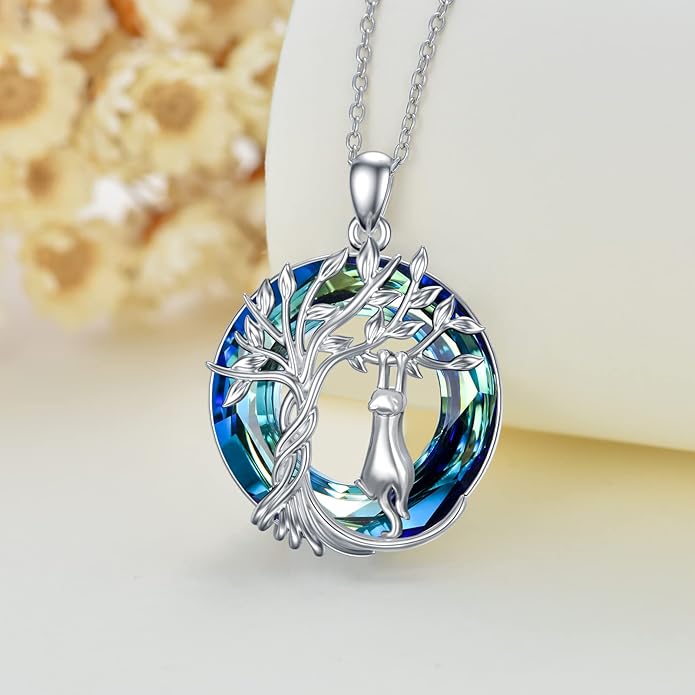 TOUPOP Cat Gifts for Cat Lovers Sterling Silver Cute Cats Tree of Life Pendant Necklace with Blue Circle Crystal Birthday Christmas Jewelry Gifts for Women