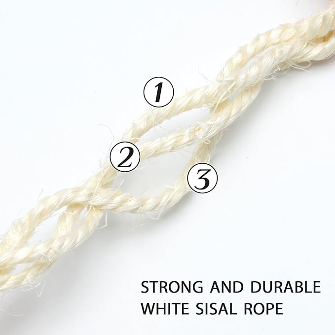 White Sisal Rope 3mm by 164-Feet for Cat Scratching Post Tree Tower Replacement Repair and Replace, DIY Hemp Twine Rope for Kittens Shelves Furniture Window Bed Perch House Climbing, 3mm by 50m