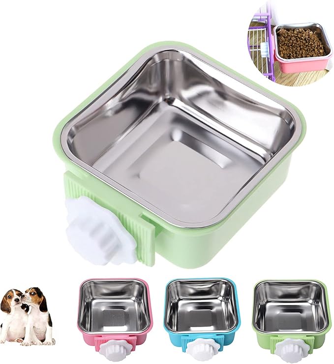 Love Dream Crate Dog Cat Bowls, Hanging Pet Cage Food Water Feeder with Removable Stainless Steel Bowls and Bolt Holder for Puppy Cat Rabbit Birds (Large, Green)