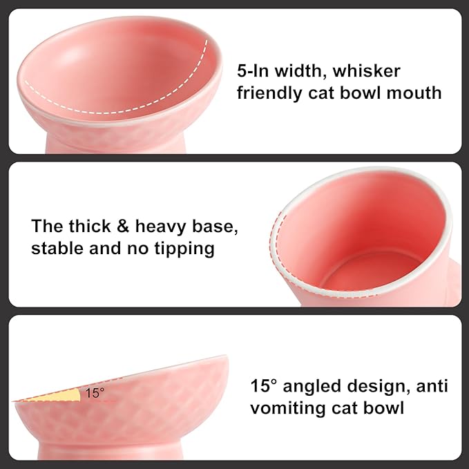 YauYik Small Raised Cat Bowls, Ceramic Tilted Elevated Food or Water Bowls, Stress Free, Backflow Prevention, Dishwasher & Microwave Safe, Lead & Cadmium Free, Pink