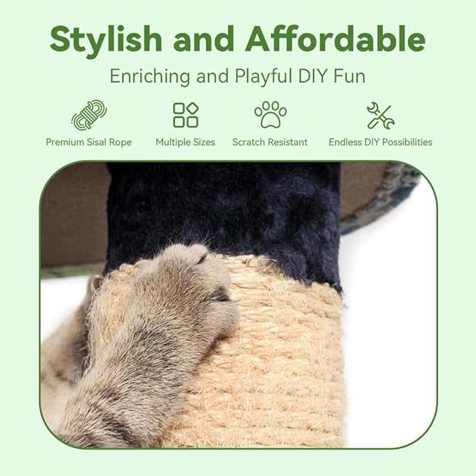 Natural Sisal Rope for Cat Scratcher Replacement, Durable Cat Tree Post Repair Cord for DIY Projects, Climbing Towers, Furniture Protection, Scratch Pad, Crafts, Garden, and Home Décor Use
