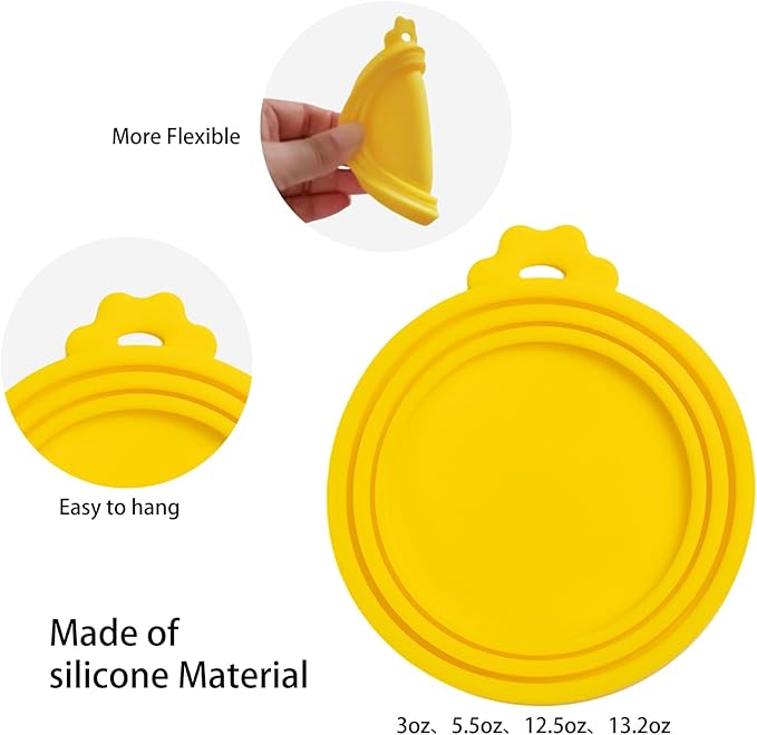 PINE & LINEN 4 Pcs Durable Pet Can Lids,One fit 3 Standard Size Silicone Waterproof Cat Food Cans Lids for 3oz/5.5oz/12.5oz/13.2oz Cat Food Cans（Yellow+Red+Pink+Blue）