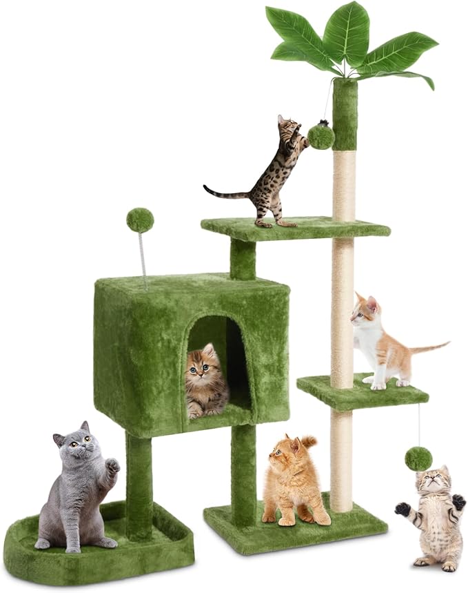 52" Cat Tree Cat Tower for Indoor Cats with Green Leaves, Multi-Level Cozy Plush Cat Condo Cat House Scratching Posts for All Breeds Sizes