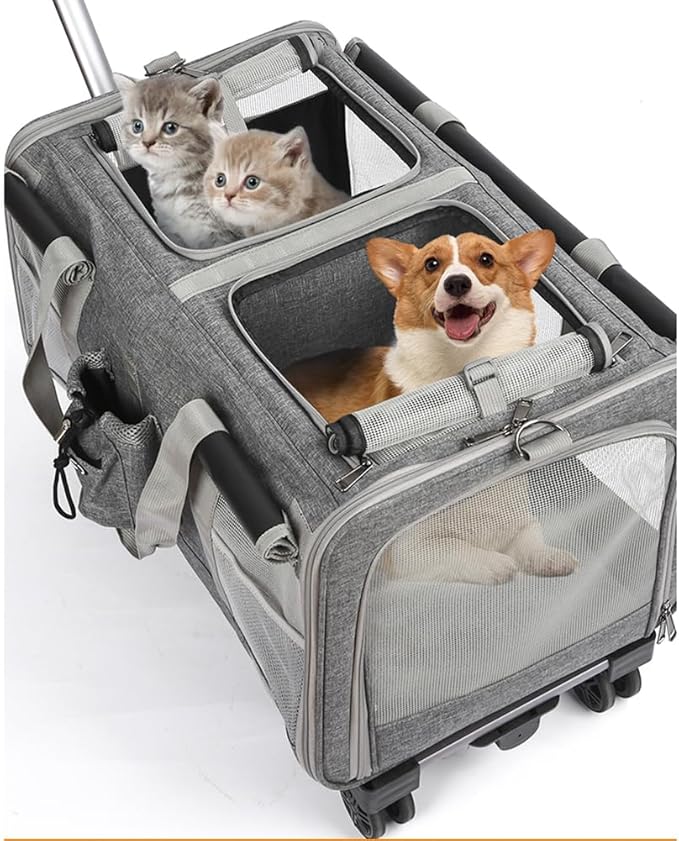 Large Double Pet Carrier with Wheels, Double-Compartment Travel Cat Bag, Cat Outing Portable Isolated Breathable Handbag Trolley Cat Bag for Medium Dogs and All-Breed Cats (Beige, 23.6*15.7*17.7in)
