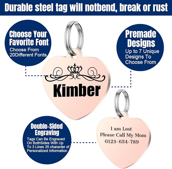 Personalized Dog Tags, Stainless Steel Pet Tags Personalized Cat, Collar Charm Engraved on Both Sides, up to 4 Lines of Custom Text, Multiple Patterns Colors Size Options (Crown, Large)