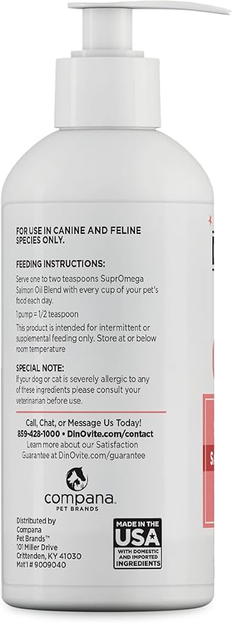 Dinovite SuprOmega Wild Caught Salmon Oil for Dogs & Cats - GMO Free Omega 3 Skin & Coat Supplement - Skin & Coat Meal Topper for Dogs & Cats - 16 oz