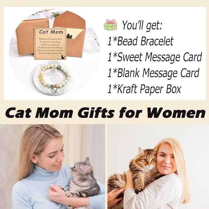 Cat Mom Gifts: Beaded Bracelet Paw Print for Women, Cat Lovers - Birthday, Christmas, Valentine's, New Year