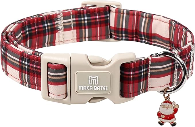 Maca Bates Christmas Red and White Plaid Basic Dog Collar for Extra Large Boy Girl Dogs with Santa Charm,Gingham Scottish Soft Adjustable Durable Checkered Collars,Winter Gift for Male Female Puppy