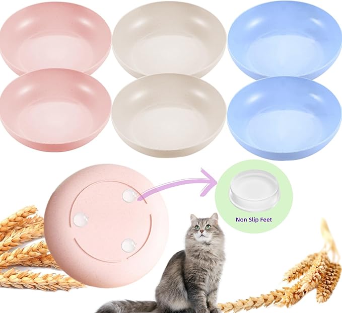 6-Pack Cat Food Bowl with Non-Slip Feet, Whisker Fatigue Cat Dishes for Food, Plastic Cats Bowls Set for Multi-Cats Homes, 5.5" Wide Shallow Relief Kitten Bowls BPA-Free, Dishwasher Safe