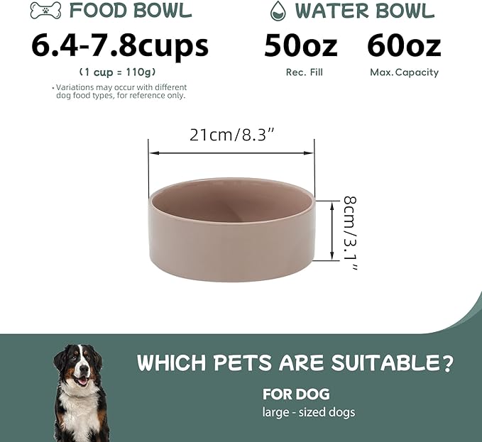 Ceramic 8.2inch Dog Bowl for Large-Breed Dogs, Anti-Slip and Weighted Pet Food and Water Bowl (Single Bowl - Brown Coffee)