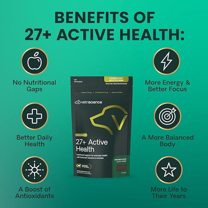 VetriScience 27+ Active Health Chews, Canine Plus Daily Multivitamin for Puppies and Adult Dogs, Balanced Vitamins, Minerals & Antioxidants, Veggie, 30 Count