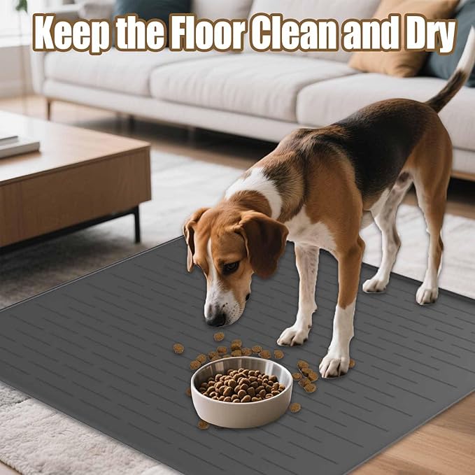 40"x30" Extra Large Silicone Pet Food Mat, XXL Pet Feeding Mat with Raised Edges, Waterproof Dog Bowl Mat for Food and Water, Cat and Dog Placemat for Floors, Dark Gray