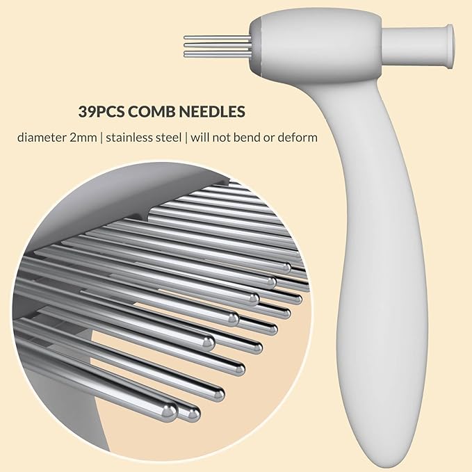 Self Cleaning Dog Deshedding Brush for Long Haired Dogs, 360° Rotating Comb Needles, Wider, Ergonomic Handle (White)
