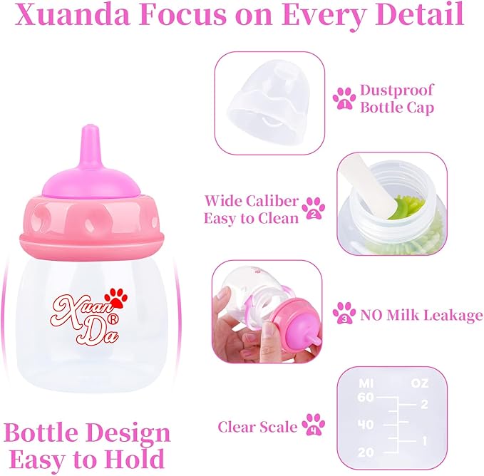 Pet Feeding Bottle,3 Pack 60ml Nursing Bottle, 3 Sizes Nipples with Ventilation Valve Resistant Tearing Perfect for Puppies, Kittens, Small Wildlife (Pink)