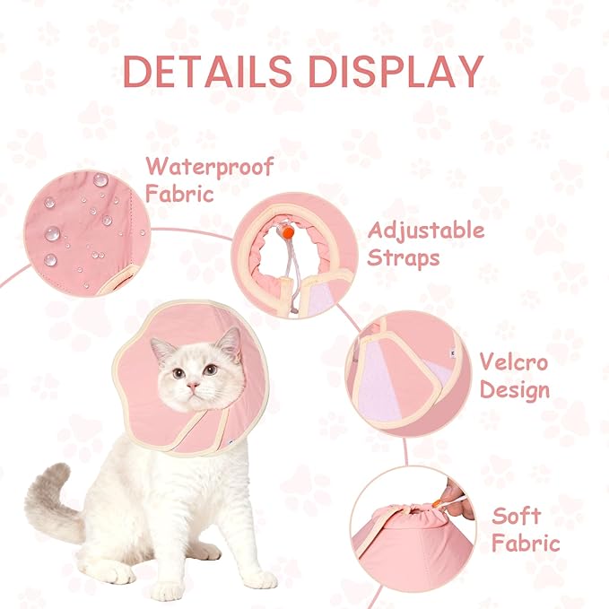 Soft Adjustable Cat Recovery Collar, Lightweight Waterproof Elizabethan Cone for Cats – Comfortable Protective Cat Cone to Prevent Licking After Surgery, Grooming & Skin Care (Pink, M)