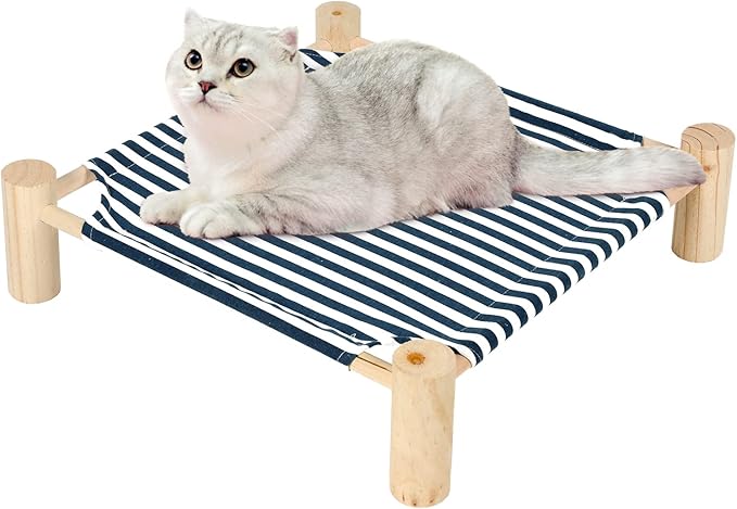 Patas Lague Cat and Dog Hammock Bed for Small Dogs, Brethable Wooden Cat Pet Rabbit Elevated Cooling Outdoor Bed Cots Furniture for All Seasons Blue Stripe