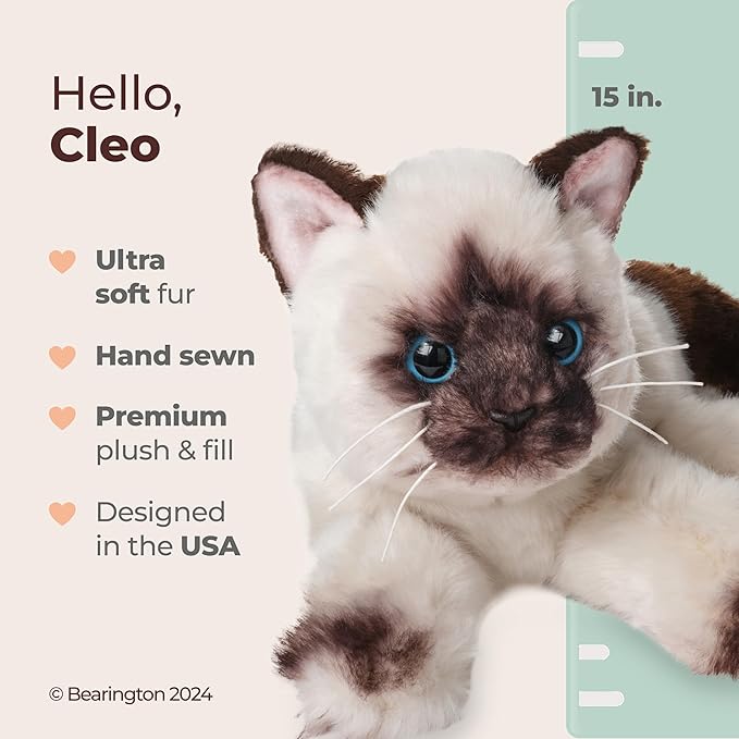 Bearington Cleo Siamese Cat Plush Toy - 15" Realistic Stuffed Cat with Soft Fur, Weighted Paws and Lifelike Details - Cuddly Soft Plushies for Girls, Kids, and Kitten Lovers - Gift for Play or Display