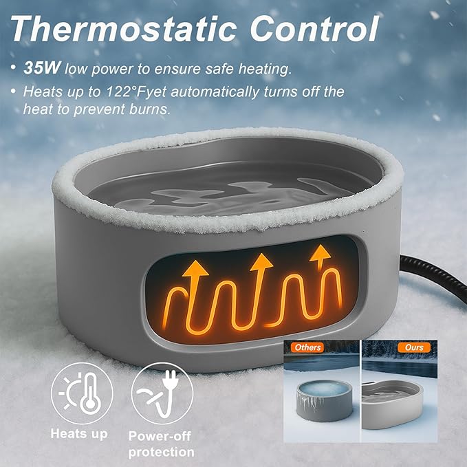 Large Heated Water Bowl for Dog & Cat, Outdoor Heated Dog Bowl with Chew Resistant Power Cord, Waterproof Heated Pet Bowl Smart Thermal-Dish in Winter for Cat Chicken Birds, 0.98 Gallon 35 Watts