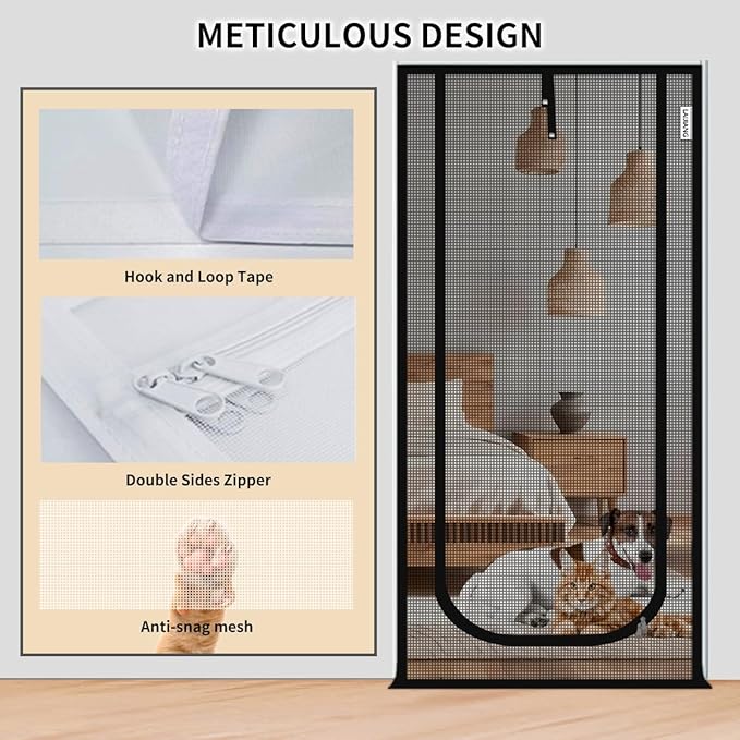 Cat Screen Door 47x87'' Reinforced Cats Resistant Mesh Screen Door with Zipper Closure, Pets Scratch Proof Screen for Living Room, Bedroom, Patio, Fits Openings 45x85''