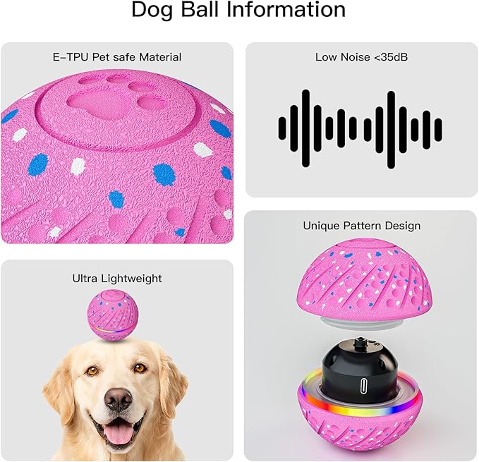 Interactive Dog Toys: Self Rolling & Bouncing Ball to Keep Them Busy, 3 Modes, Type-C Fast Charging, Durable E-TPU & IP54 Waterproof - Best for Small/Medium Breeds & Puppies (Pink, Medium)