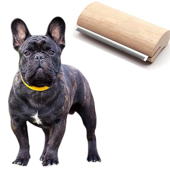French Bulldog Brush for Shedding – Palm-Grip Wooden Deshedding Comb for Short Hair Dogs, Fine Stainless-Steel Teeth, Curved Body for Face/Neck/Chest, Easy-Rinse Grooming, Bath & Dry Use