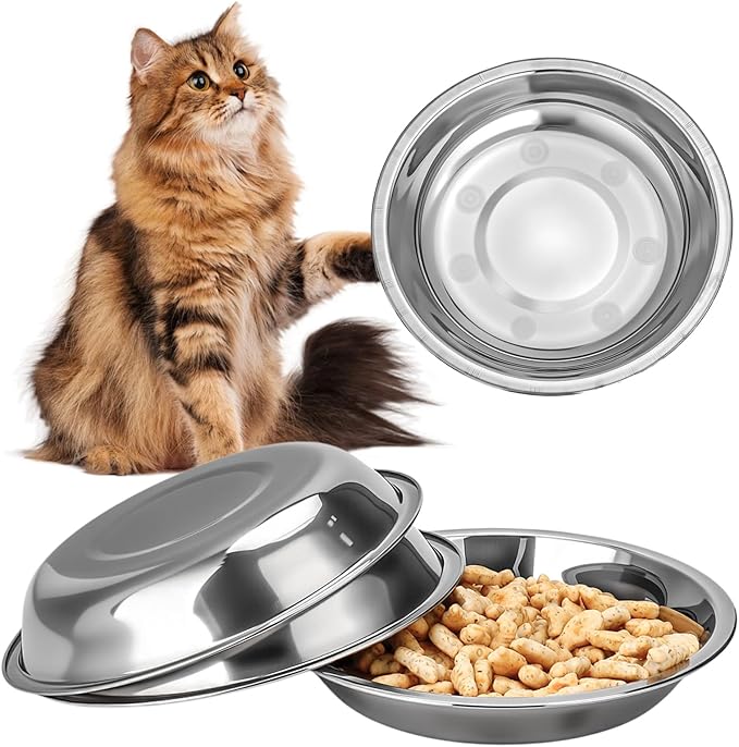 4Pcs Stainless Steel Pet Feeding Bowls, 6.1 Inches Shallow Wide Flat Cat Food Bowls, Puppy and Kitten Feeding Bowls, Whisker Fatigue Relief, Fits Elevated Bowl Stands