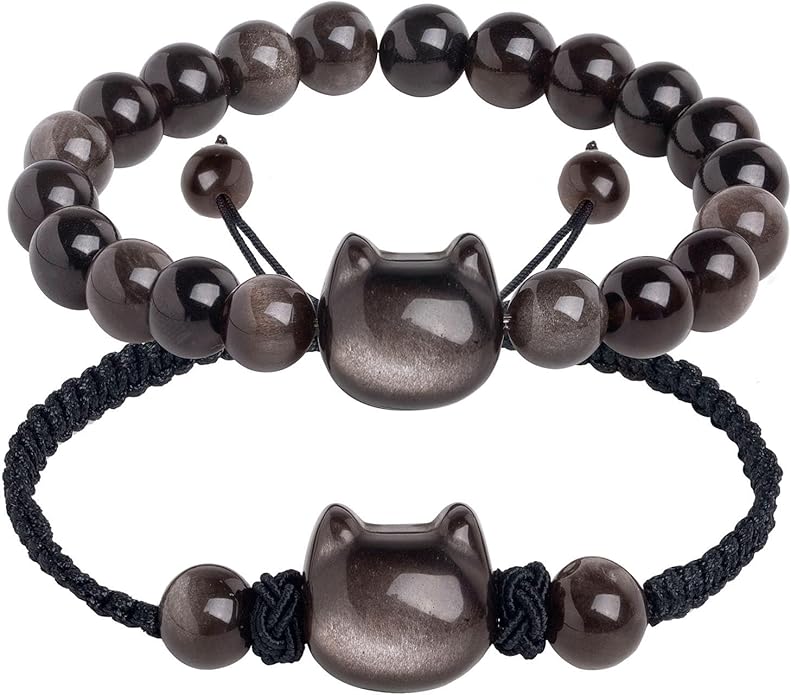 Black Obsidian Cat Bracelet and Moon Pendant Necklace Jewelry Set-Cat Lover Gifts,Wealth Attraction,Good Luck,Bead Bracelet,Mindfulness,Beaded Bracelets, Obsidian Pendant Necklace-Cute Gifts for Women