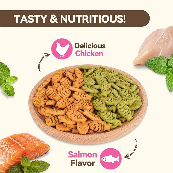 Catnip Cat Treats, Chicken & Salmon Flavor Crunchy Cat Biscuits, Fish-Shaped Training Snacks for Adult Cats, 30 oz