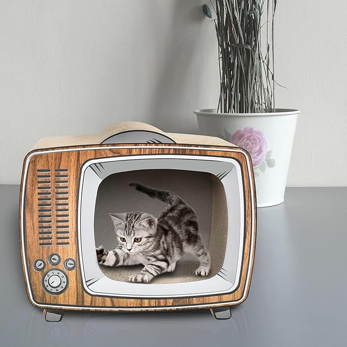 Simple Delxue Cardboard Cat Houses, TV Scratcher Cardboard Lounge Bed, Cat Scratching Board, Cats Scratching Box & Hideaway Furniture Prevents Furniture Damage