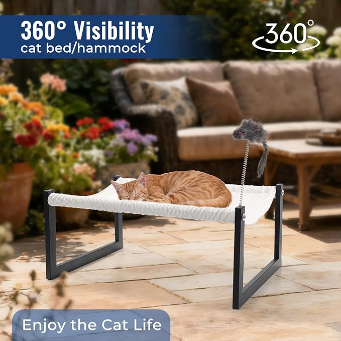 Elevated Cat Bed with 360° View - Rust-Proof Metal Frame, Removable Machine Washable Mattress (Thin), Includes Cat Toy - Easy Assembly