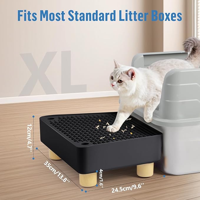 Extra Large Cat Litter Box Step Ramp, Cat's Litter Catcher Mat with Wooden Feet, Filter Function, Pedal Stool for Self-Cleaning Cat Litter Box, Ideal for Kitten & Elderly Cats (Black)