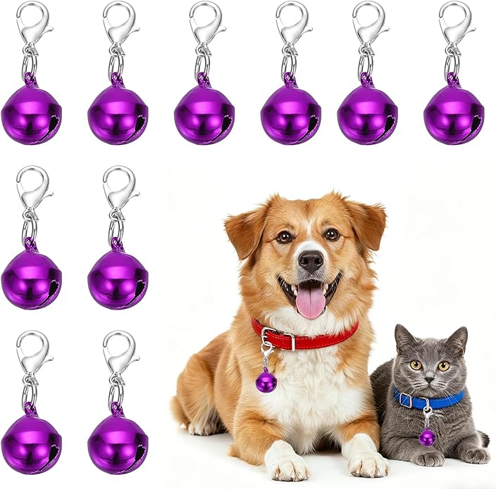 10Pcs Cat Bell, Small Glossy Pet Copper Bell Collars Charm with Lobster Buckle Loud Crisp Sound Anti-Lost Pendant Accessory(14mm, Purple) for Cat Dog DIY Crafts/Christmas Decor