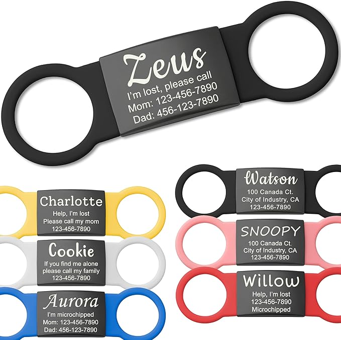 Anavia Slide On Silent Pet ID Tags, S/M/L/XL Personalized Black Stainless Steel Colored Silicone Cat Dog Name Tag, Customized Engraved Nameplate, Quiet Chew-Proof Pet Collar Tag (Black, X-Large)