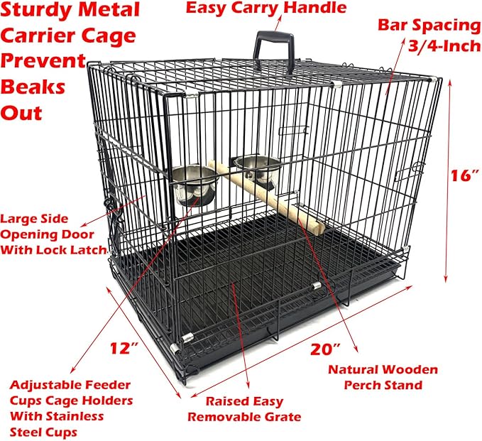 Durable Easy Portable Collapsible Metal Travel or Veterinary Collapsable Parrot Bird Carrier Bite-Proof Easy Clean Carrier Cage with Stainless Steel Feeder Bowls Natural Wooden Perch