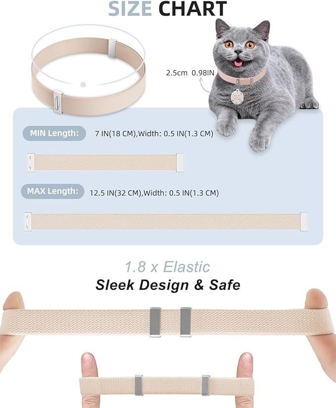 Cat Collar with QR Code Name Tag, Stretch Elastic Quick Release, Cat ID Tag Personalized, Ultra-Durable, Non Breakaway Lightweight Kitten Collar Fits Most Girl Boy Small Large Cats (Khaki)