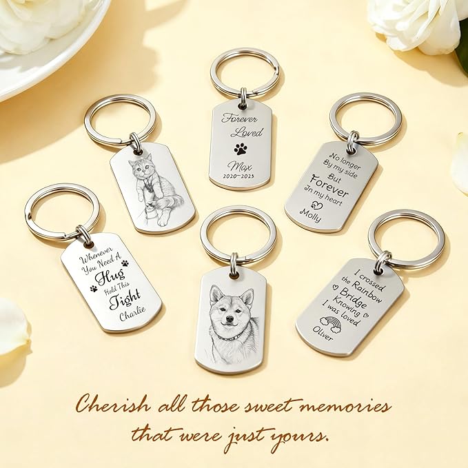 Custom Dog or Cat Portrait Keychain, Personalized Photo Engraved Keychains with Name, Customized Pet Memorial Gifts for Loss of Pets (Dog Tag – Memorial Style)