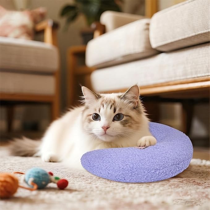 Lystaii Cat Calming Pillow for Indoor Pet Small Dog Calming Pillow Soft Fluffy Cat Bed Dog Neck Toy Half Donut Anxiety Relief Toy with Cute Embroidery Pattern (Purple, Peaches)