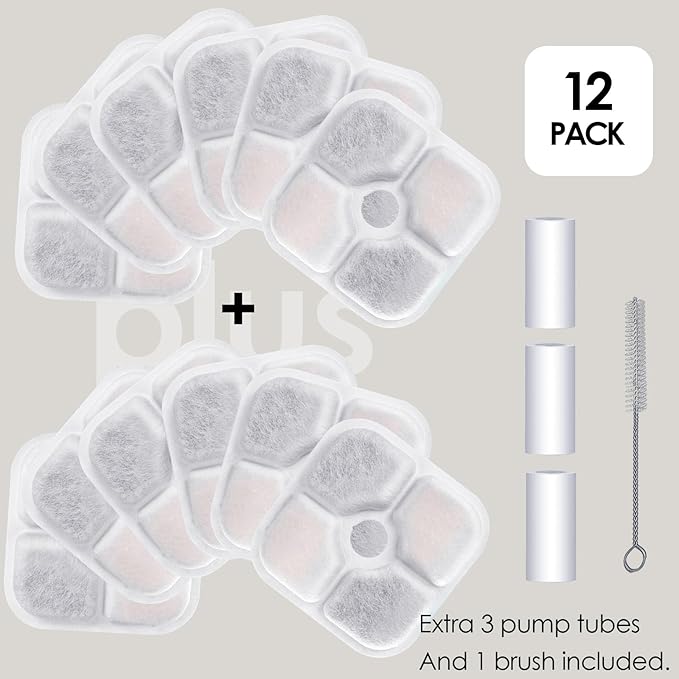 12-Pack Cat Water Fountain Filter Compatible With Catit Pixi Water Fountain Filter Replacement Triple Action Water Filter, 3 Pump Tubes 1 Hard Brush