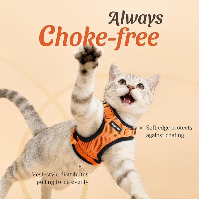 Dooradar Cat Harness and Leash Set, Escape Proof Safe Adjustable Kitten Vest Harnesses for Walking, Easy Control Soft Breathable Mesh Jacket with Reflective Strips for Cats, Orange, S
