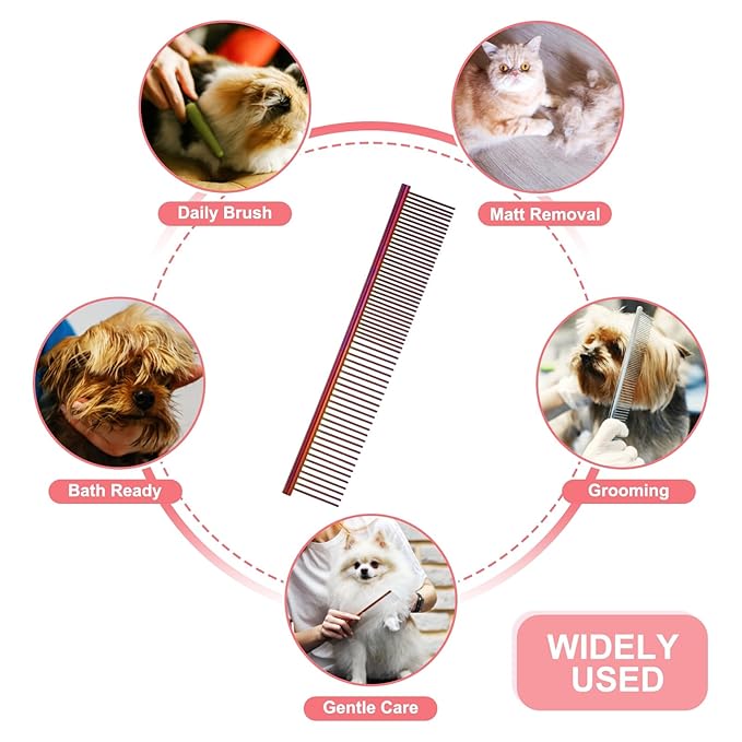 Dog Cat Comb, Pet Combs Stainless Steel Teeth with Rounded Ends for Knots Mats Loose Hair Removal, 7.5IN (Purple Plated, 3 Pack), Grooming Tool Intended for Long Curly Hair Pet