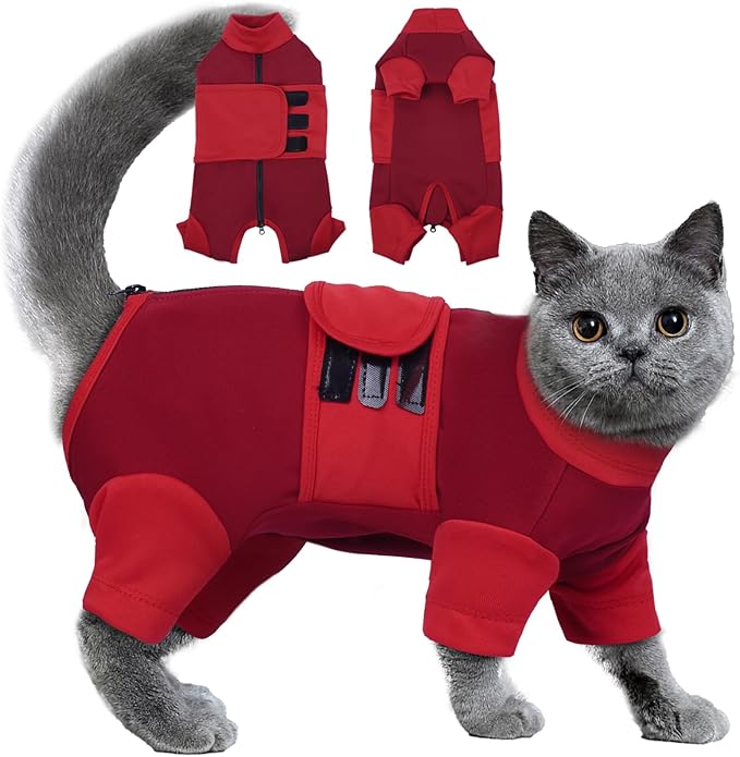 Adjustable Calming Suit Cat Clothes with Zipper, Anxiety Jacket Vest, Cat Apparel for Fireworks, Separation, Thunderstorms, Loud Noises, Comfortable Wrap Reduce Anxiety, Red X-Large