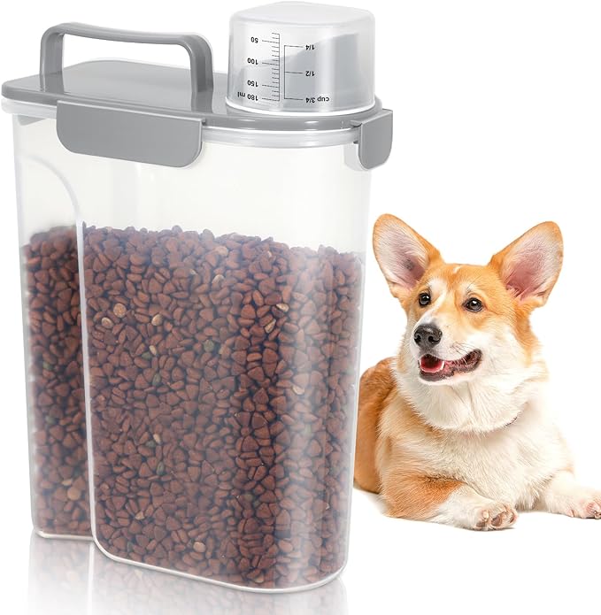 5-7 Lbs Dog Cat Food Storage Container, Portable Travel Pet Food Storage Container with Measuring Cup, Easy-Pouring Bird Seed Dispenser, Airtight Rice Cereal Oatmeal Flour Dispenser -Light Grey